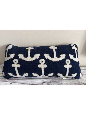Pottery Barn Kids Crochet Pillow 8" x 17" Rectangle Anchors Blue White Nautical